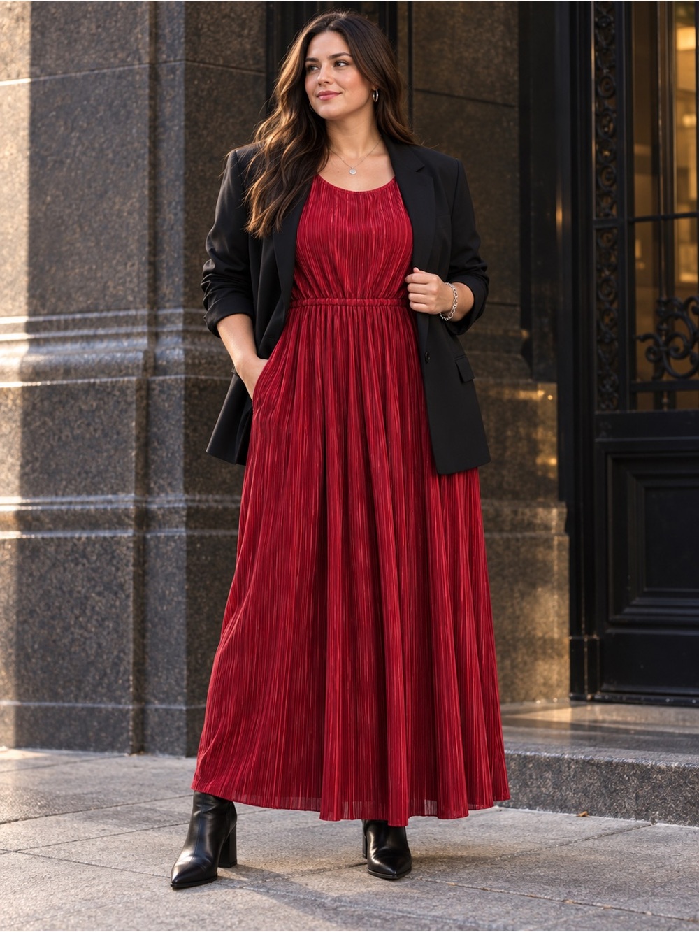 Anne Klein Red Plissé Pleated Sleeveless Maxi Dress Large
